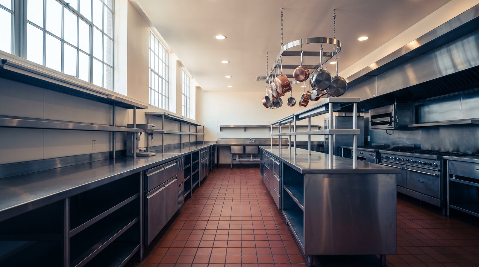 Stainless prep line in a commercial kitchen