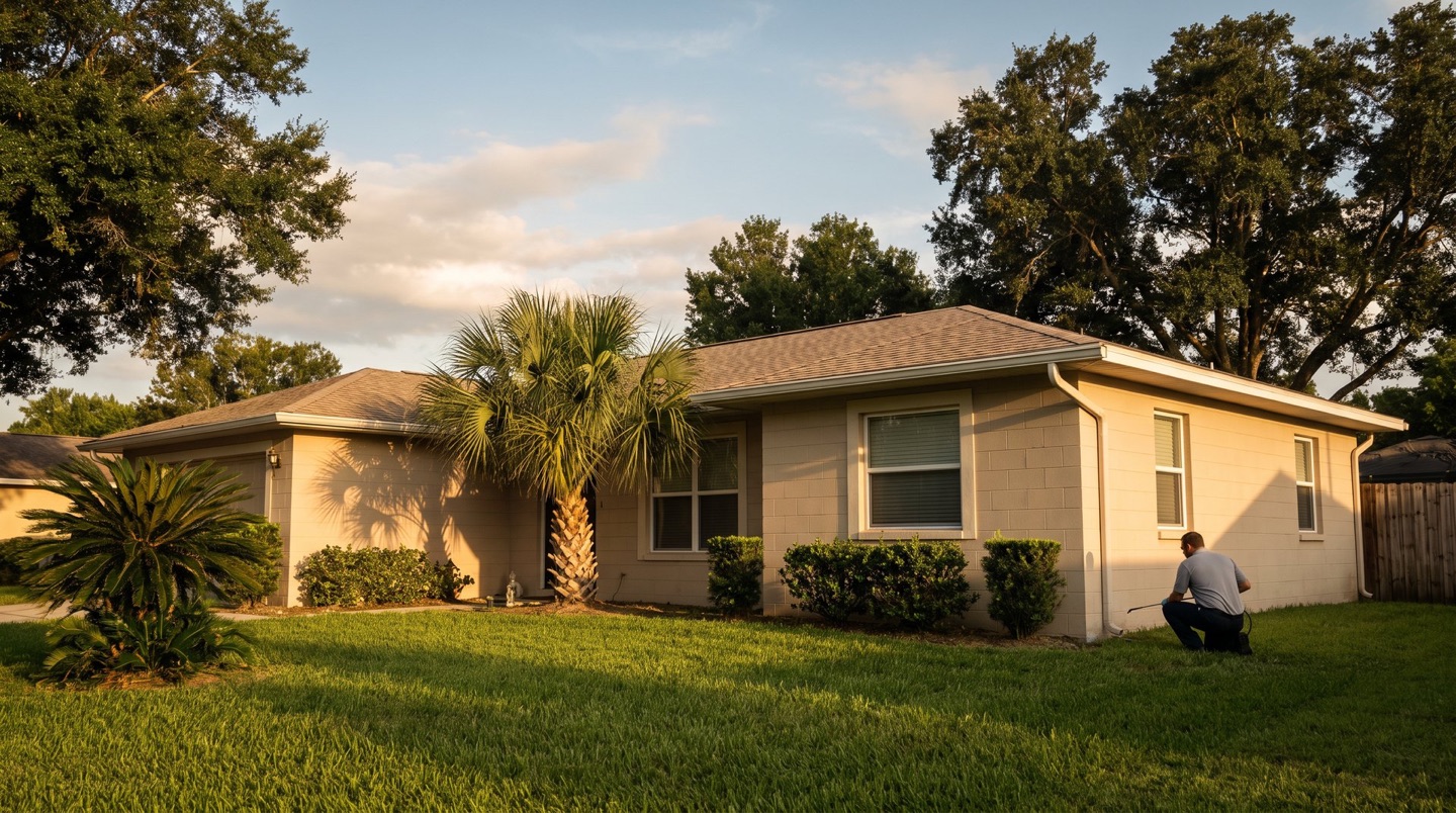 Technician treating the foundation of a Central Florida block home at golden hour