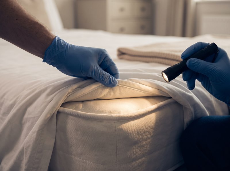 Mattress seam check under an inspection light