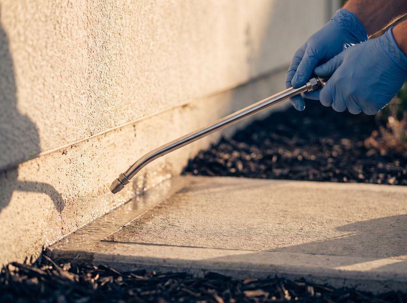 Spray wand treating along a home's foundation line